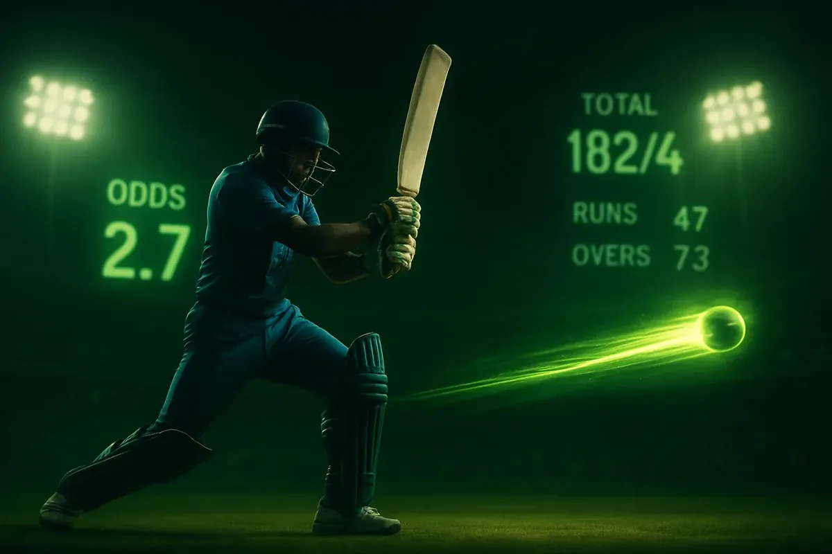 Batsman in blue jersey hitting powerful shot with neon speed trail, digital odds and scoreboard in stadium