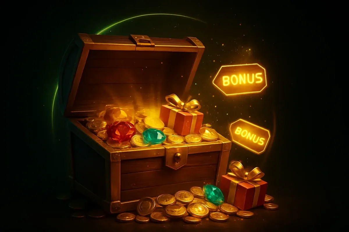 Golden treasure chest overflowing with coins, gems, and gift boxes, glowing bonus tags, sparkling particles, dark background with neon rim light
