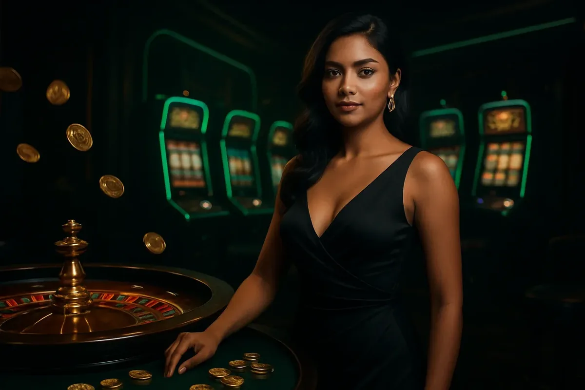 Confident woman in elegant dress near roulette and slot machines with neon green and gold accents, luxury casino atmosphere