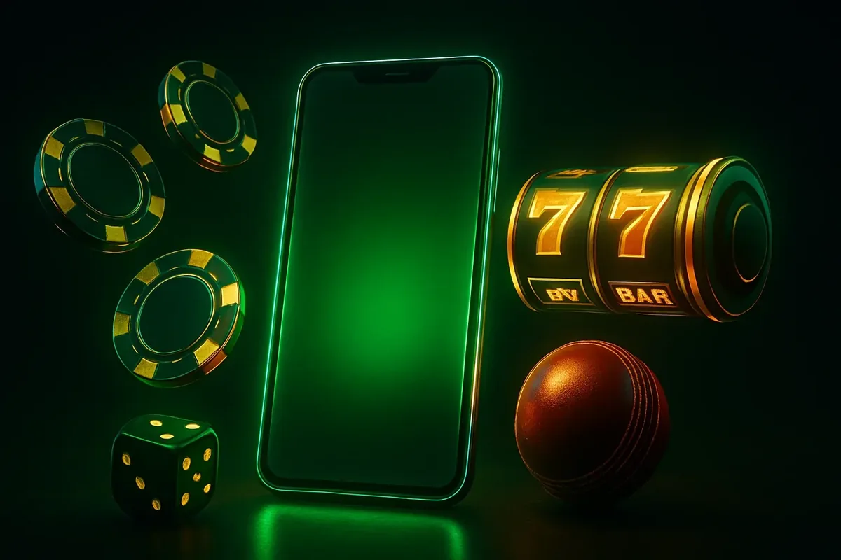 Glowing smartphone with casino chips, slot reels, dice, and cricket ball on dark luxurious background