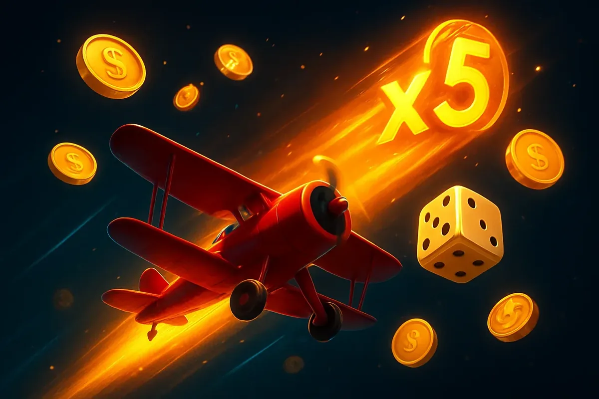 Red airplane with multiplier trail, coins, dice, neon accents, digital crash game scene
