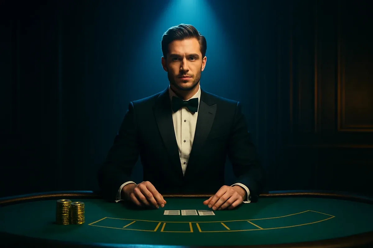 Professional dealer at green felt table with golden chips in a luxurious live casino setting