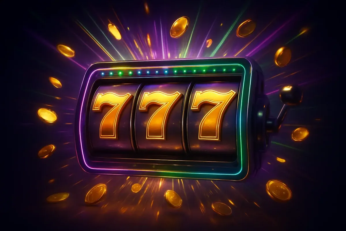 Golden 777 symbols with coins and neon lights exploding in a thrilling slot machine win